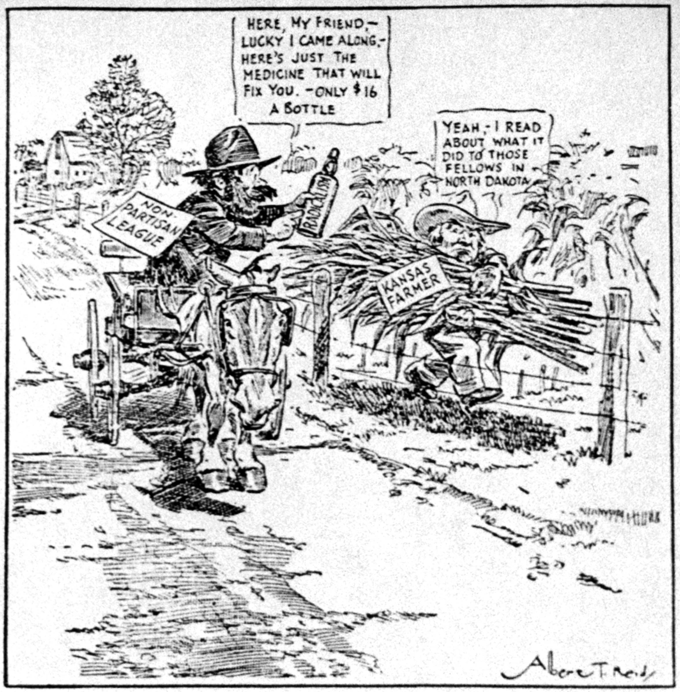 This <em>New York Evening Mail</em> cartoon ridiculed the efforts of the Non-Partisan League to spur radical reforms in U.S. agricultural policies.