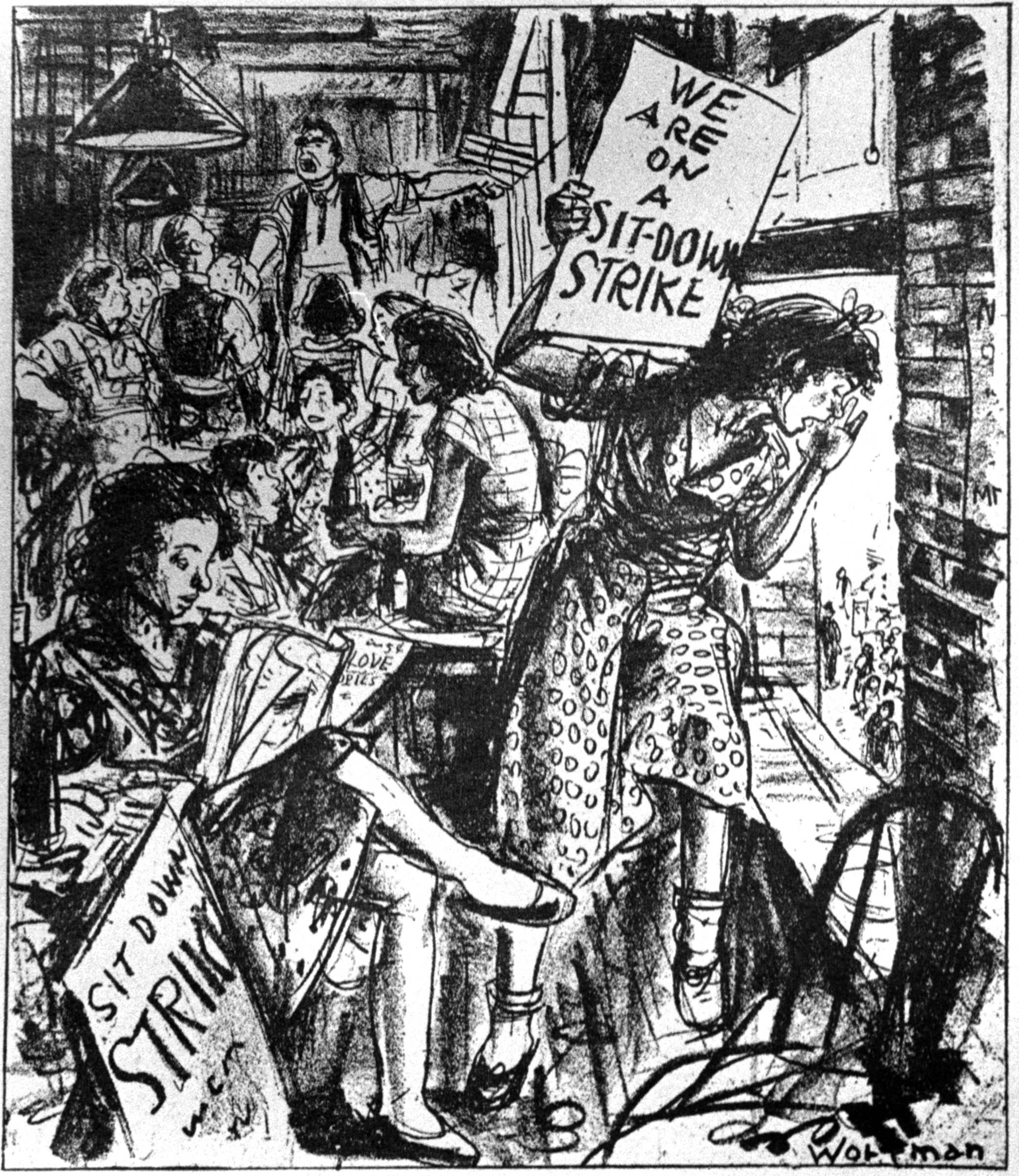 Denys Wortman’s cartoon in the March 25, 1937&nbsp;<em>New York World-Telegram</em> captured the excitement and sense of power felt by many working men and working women when they participated in militant labor action.