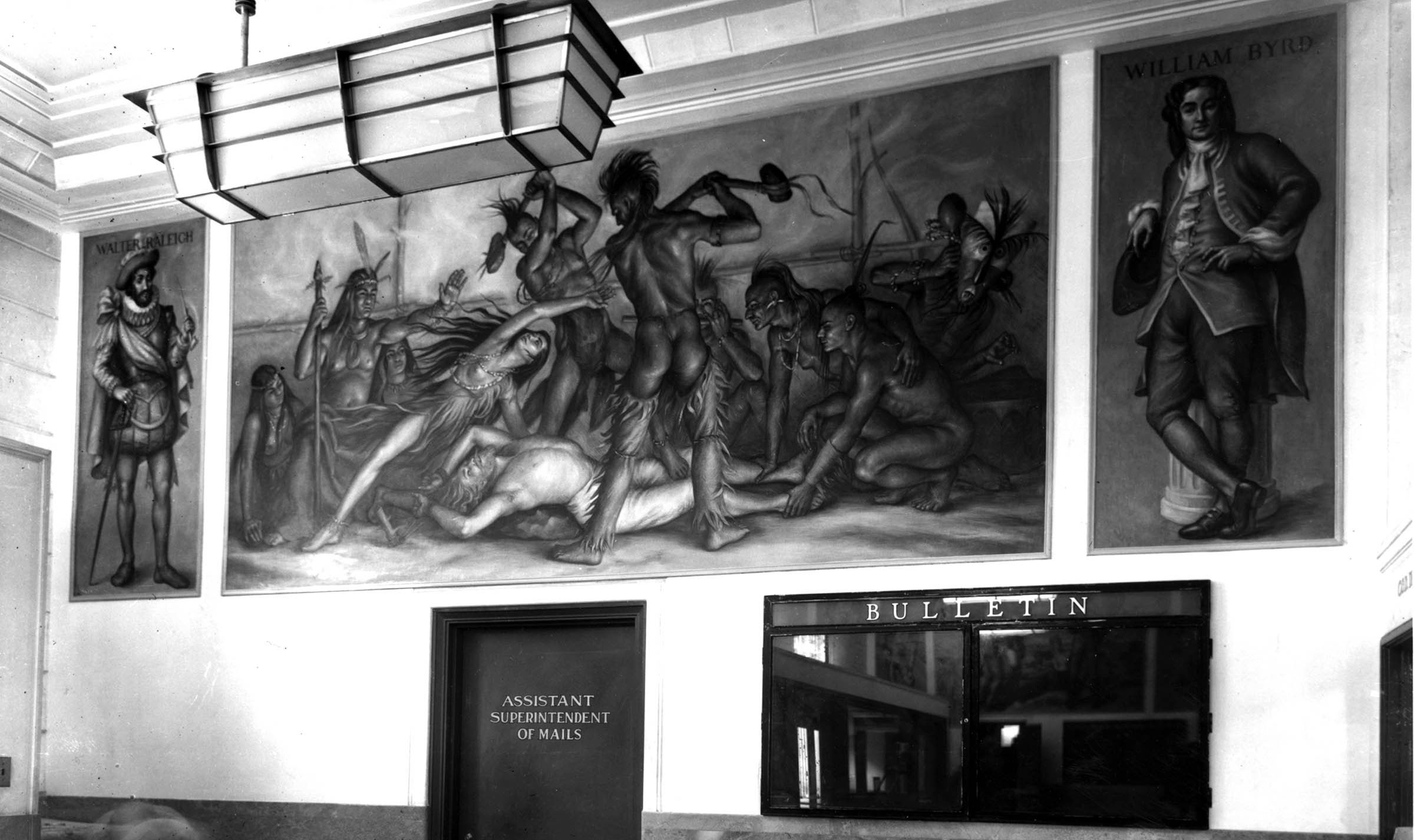 At times, local tastes clashed with individual artists’ expressions. In the case of Paul Cadmus’s mural for Richmond’s Parcel Post Building, it was male nudity that roused concern. Although Matoaka's breast and the foreground Native man's buttocks remained bare, Cadmus had to retouch a suggestive fox head he had mischievously placed over another man's groin. This was not the first time Cadmus had faced censorship; a Navy admiral demanded the removal of his 1934 painting <em>The Fleet’s In! </em>from a government-sponsored exhibition, horrified by its depiction of an intoxicated group of sailors flirting with prostitutes and a gay man.