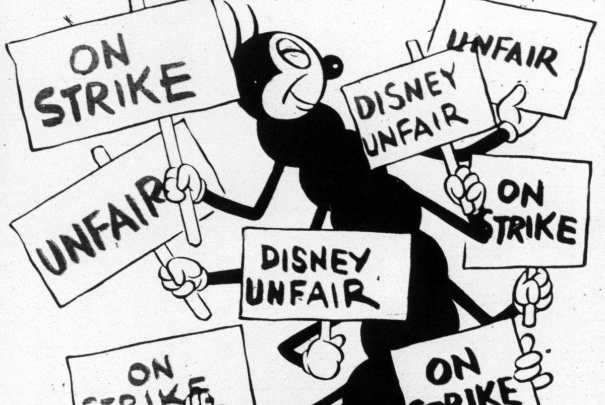 In 1941, trade union activism reached the workplace where some of the nation’s favorite fantasies were produced. After Walt Disney fired union organizers on his art staff, his studio cartoonists went on strike. This cartoon from a newspaper report indicated how Disney strikers brought new skills to labor organizing. “There are mighty few labor disputes,” the caption stated, “in which just about every striker can make his own picket signs. Consequently, the signs are bright and lively&nbsp;.&nbsp;.&nbsp;.&nbsp;attracting the passerby and winning friends for the Screen Cartoon Guild.”