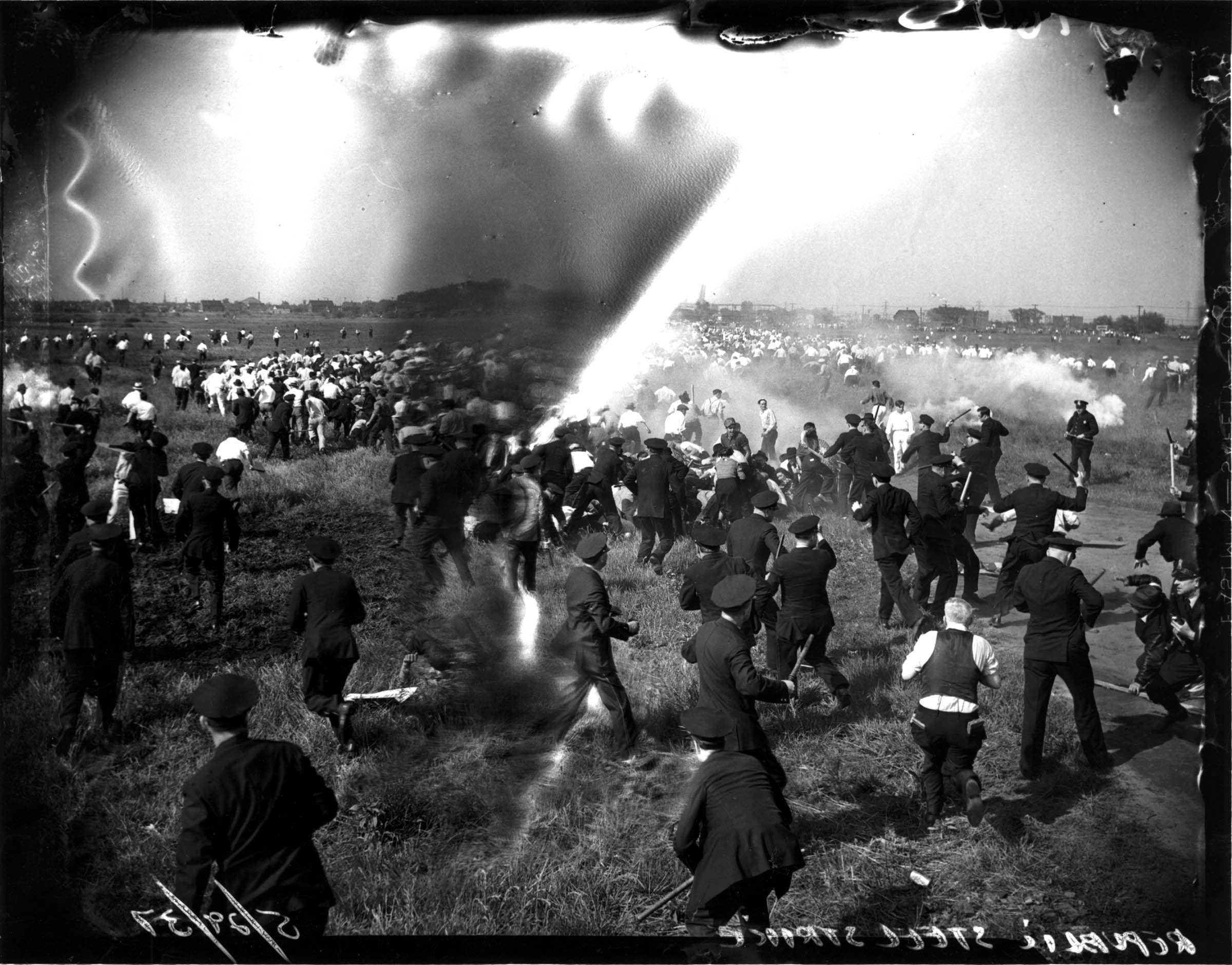 This photograph was one of many taken of the May 30, 1937, incident outside the gates of the Republic Steel Company’s South Chicago factory. During the subsequent investigation by the U.S. Senate’s La Follette Committee, these images—including motion-picture newsreel footage—proved that the brutal attack was unprovoked by the unarmed strikers. Only two words were audible on the newsreel sound track: “God Almighty!” The newsreel was later screened nationally but was never exhibited in Chicago.