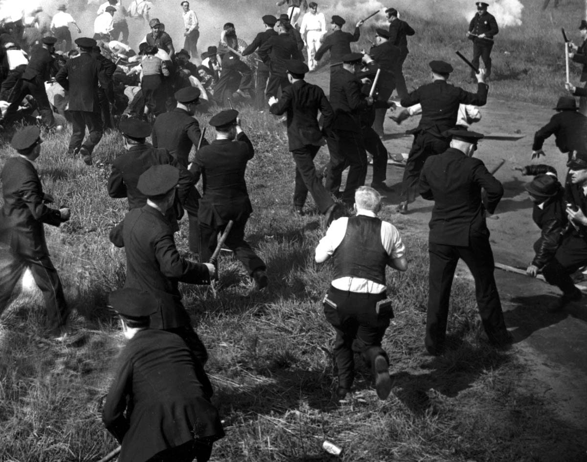 This photograph was one of many taken of the May 30, 1937, incident outside the gates of the Republic Steel Company’s South Chicago factory. During the subsequent investigation by the U.S. Senate’s La Follette Committee, these images—including motion-picture newsreel footage—proved that the brutal attack was unprovoked by the unarmed strikers. Only two words were audible on the newsreel sound track: “God Almighty!” The newsreel was later screened nationally but was never exhibited in Chicago.