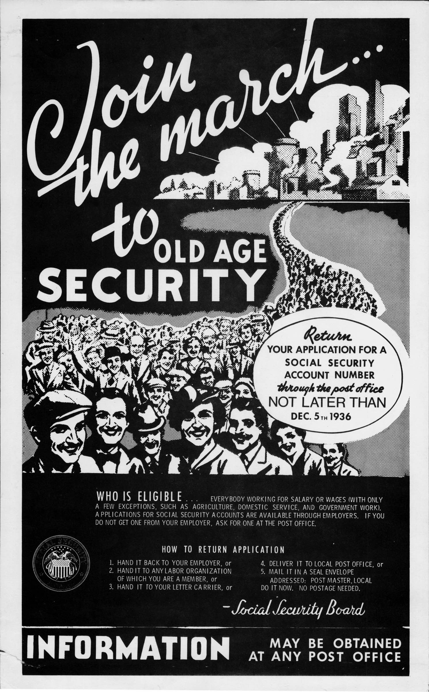 A 1936 poster instructed Americans about the procedures to enroll in the new Social Security program.