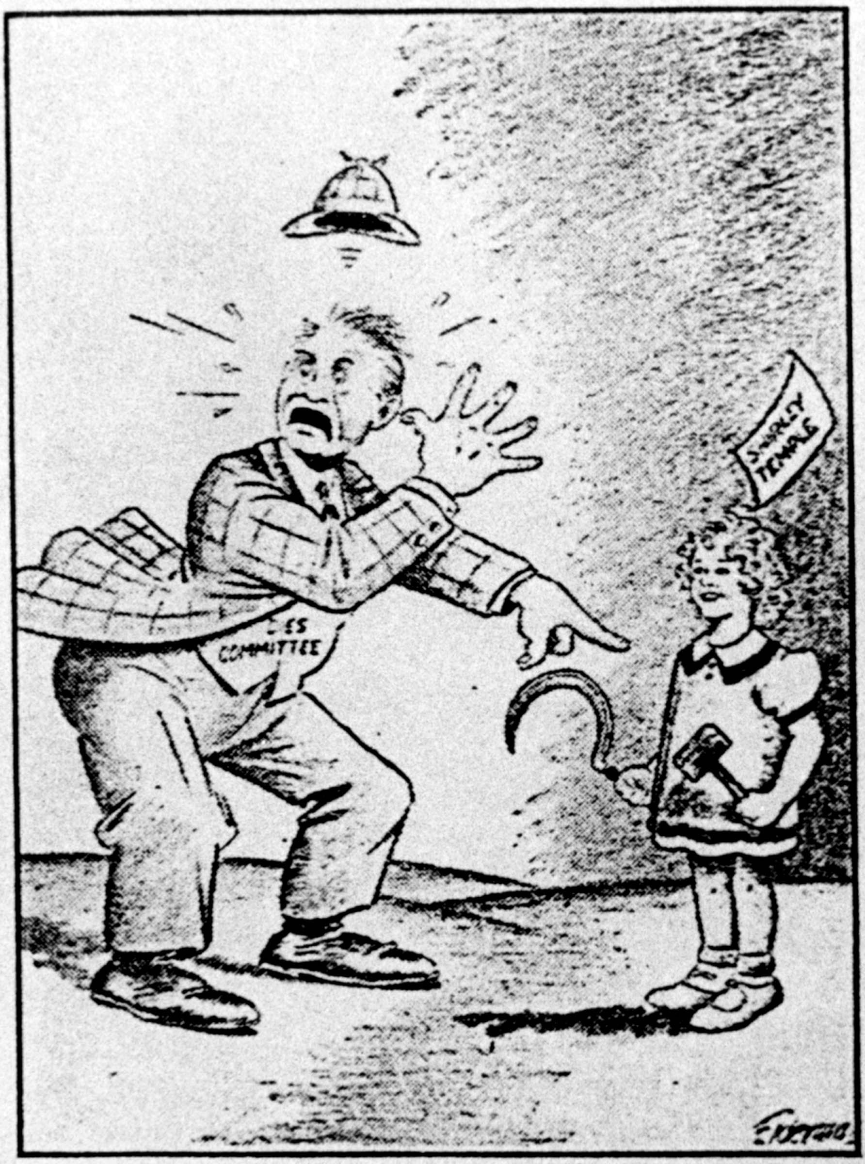 A cartoon published in the <em>Washington Post</em> ridiculed the hearings held by Texas congressman Martin Dies’s House Committee on Un-American Activities during August 1938. Hollywood darling Shirley Temple is shown holding a hammer and a sickle, the symbol of Communism.