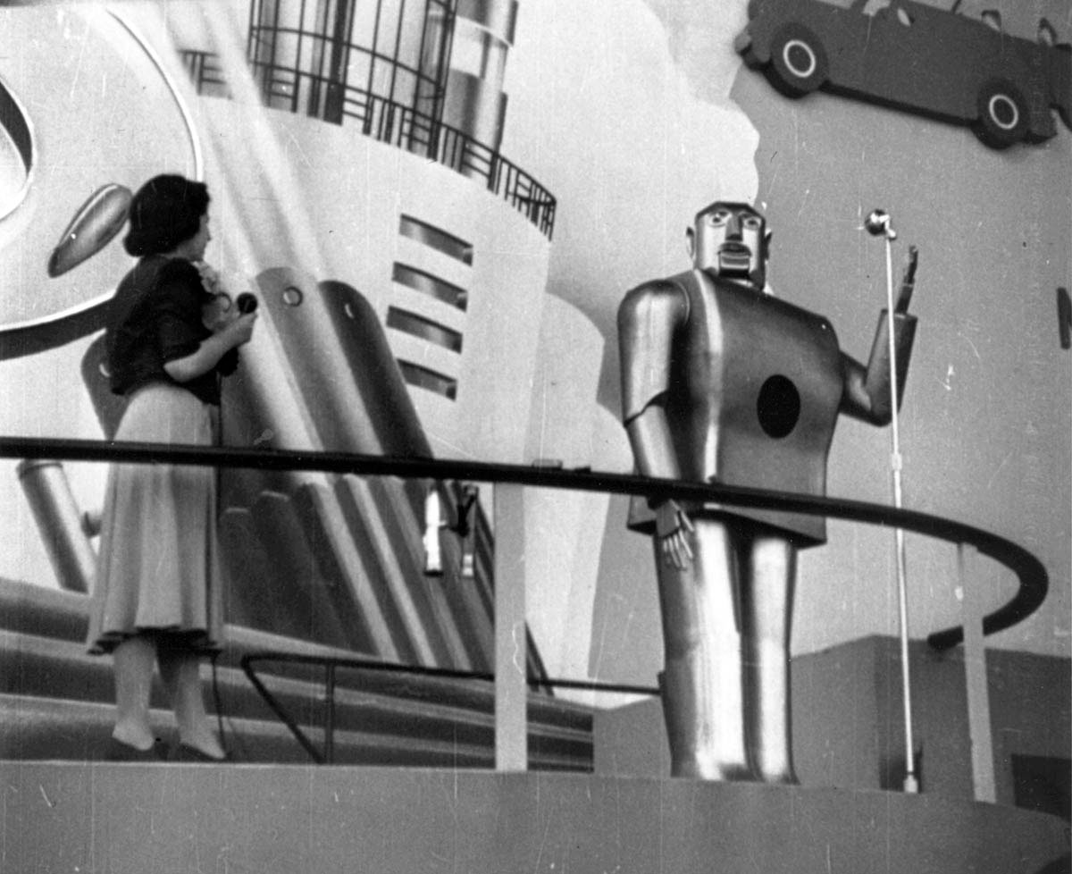 The 1939 New York World’s Fair opened in the shadow of approaching war, yet its theme and exhibits optimistically predicted a prosperous, pollution-free future based on the technological expertise provided by American corporations. Among its many attractions was Elektro, a seven-foot “moto-man” in the Westinghouse Corporation’s “Singing Tower of Light.” Elektro—who “talks, sees, smells, sings, and counts with his fingers”—represented the benefits of electrical power.