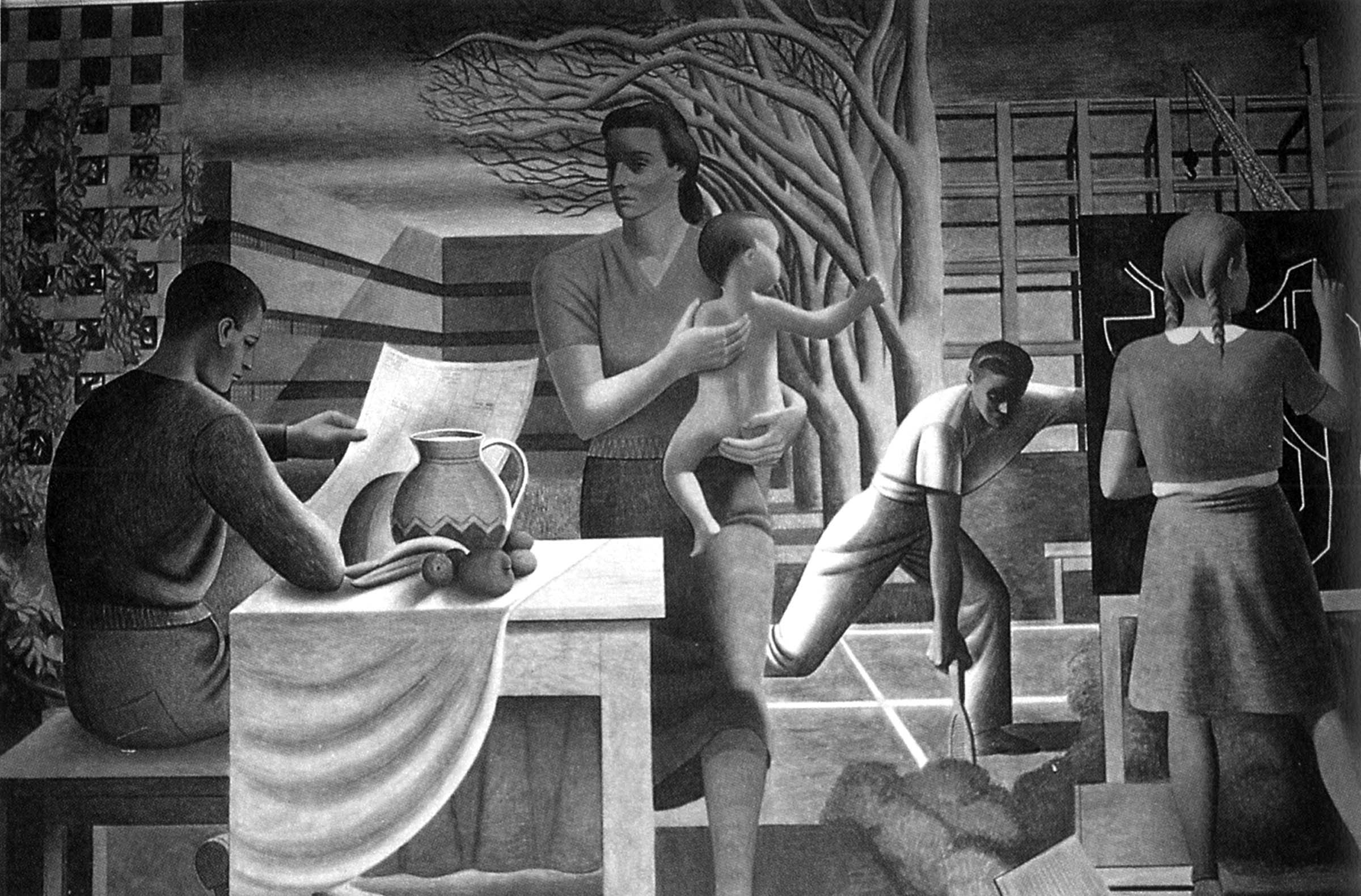 New Deal public art often reinforced traditional ideas about the roles of men and women in U.S. society. Seymour Fogel’s <em>Security of the Family</em>, a mural at the main entrance of the Social Security Building, shows a man seated at a plentiful table reading a newspaper, a symbol of engagement with the public world. A woman stands on the other side of the table, cradling a baby, while children conspicuously play and study nearby. Instead of acknowledging women’s work outside the home, in the face of economic and social crisis Fogel’s mural heralds men’s productive labor as the bulwark of the American family and future of the next generation.