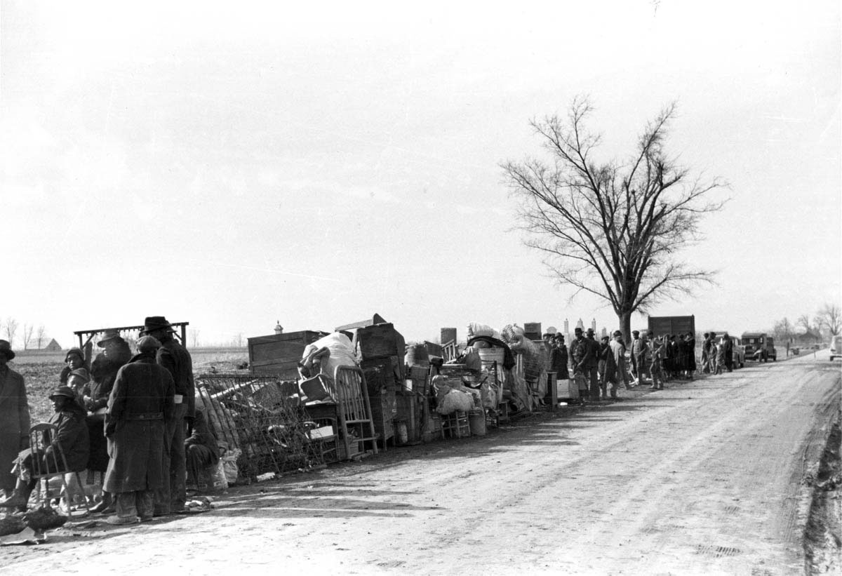 These Black sharecroppers were forced off farms by landlords eager to receive federal crop subsidies. They gathered along Highway 60 in New Madrid County, Missouri, in January 1939.