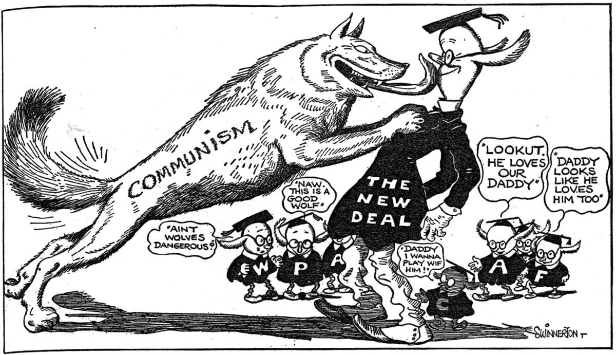 In an anti-FDR cartoon by James G. Swinnerton published in the <em>New York American</em> during the 1936 presidential campaign, a threatening Communist wolf licks the New Deal, represented by a “brain truster” wearing an academic cap and gown and donkey ears. The "Brain Trust" was a group of intellectual FDR advisors who helped construct the New Deal.