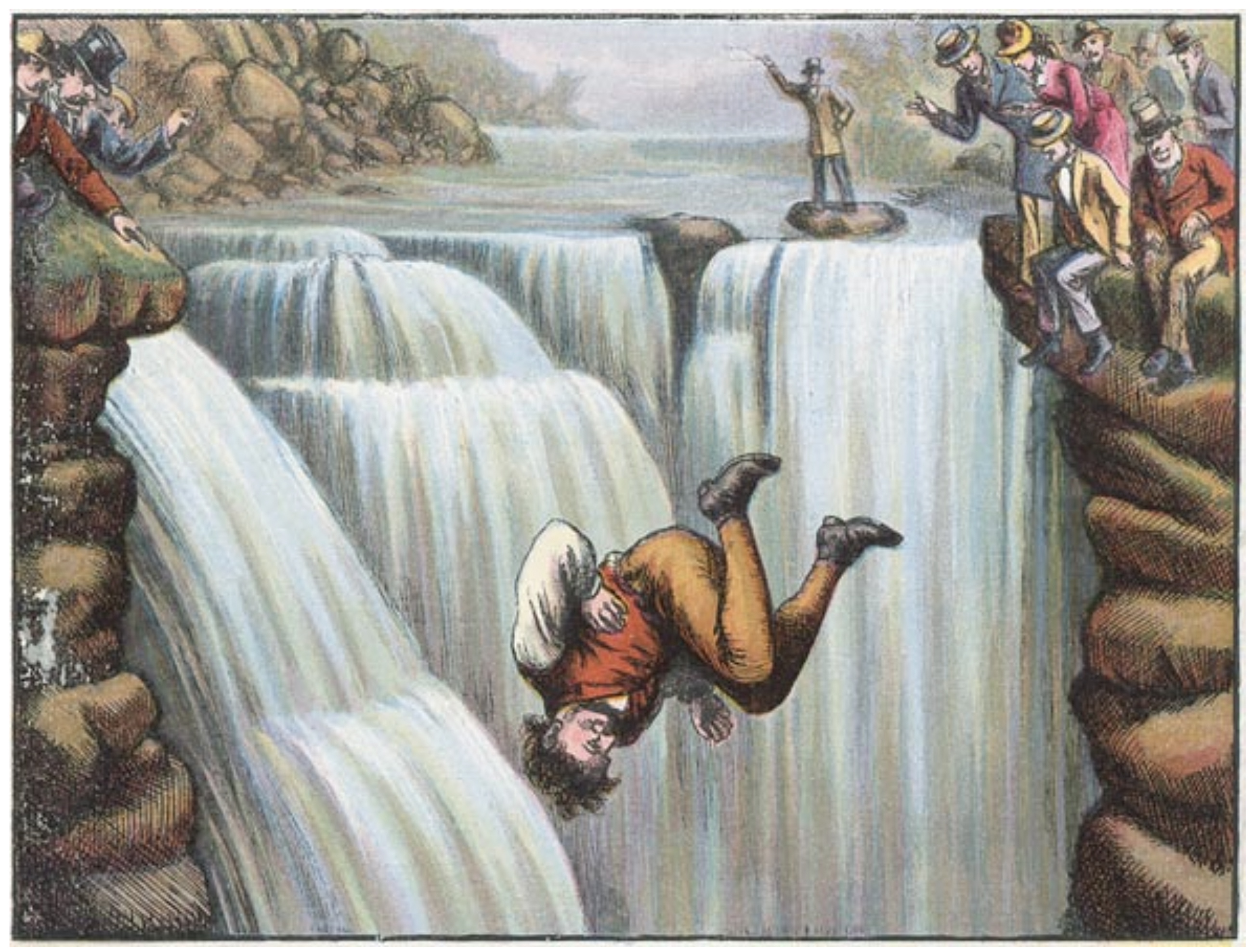 <em>Sam Patch remained famous for decades after his death in 1829. This drawing from an 1875 children’s book titled </em>The Wonderful Leaps of Sam Patch<em> shows Patch’s jump over Niagara Falls. Contemporary accounts described Patch wearing the white uniform of the Paterson Silk Spinners rather than the bright-red vest seen here, and Patch always jumped feetfirst over waterfalls for his own (relative) safety. This fanciful depiction of Patch’s leap represents his transformation from a real-life laborer and daredevil to a colorful folk hero.</em>