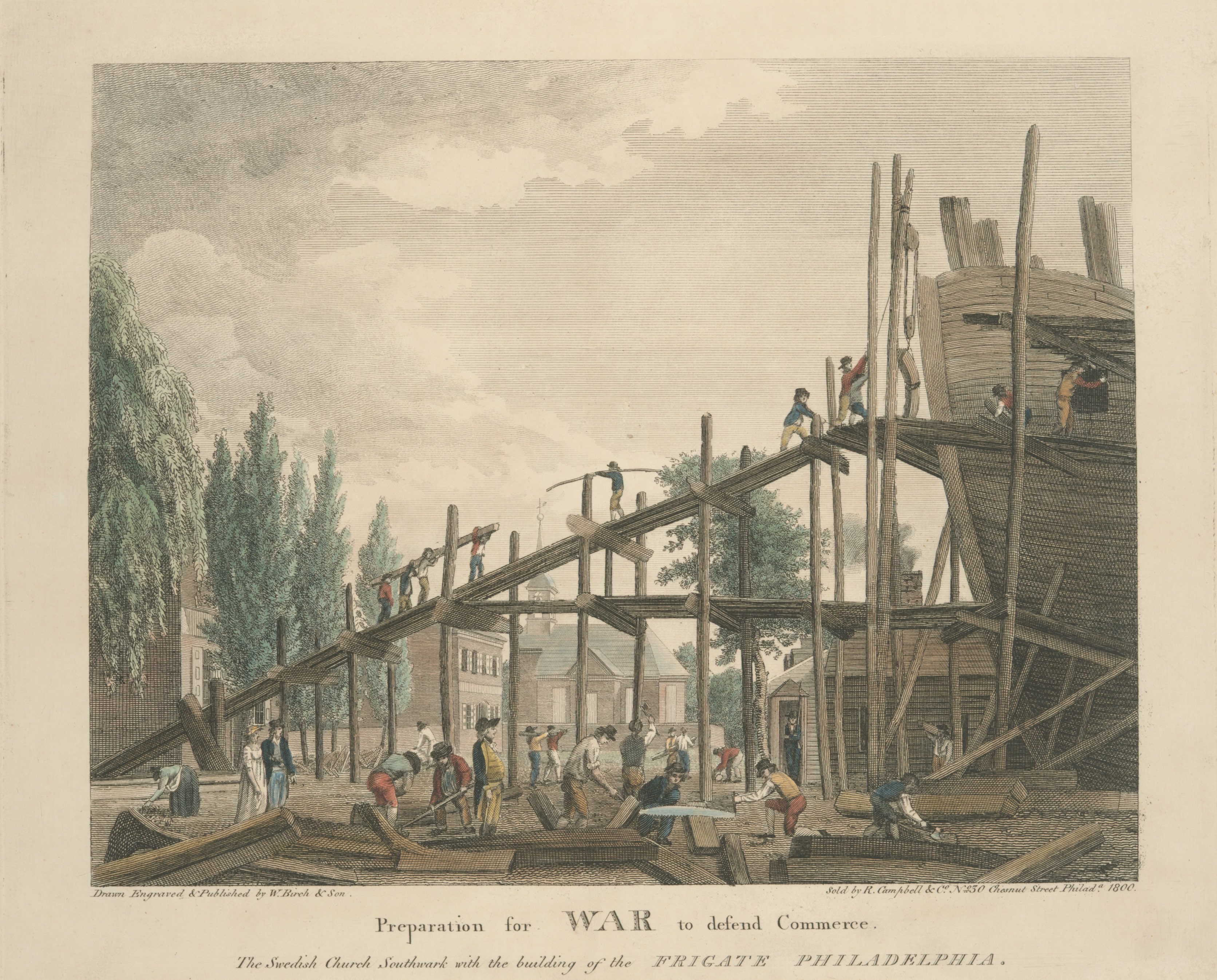 A late-eighteenth-century engraving depicts work in a Philadelphia shipyard. Construction of a ship usually took about a year, employing large numbers of men with various skills that focused on different parts of the vessel. “[A]bove 30 Denominations of Tradesmen and Artificers,” according to one 1749 observer, were involved in building a ship, including carpenters who worked on the hull and masts, joiners who constructed the interior, and ropemakers and sailmakers.