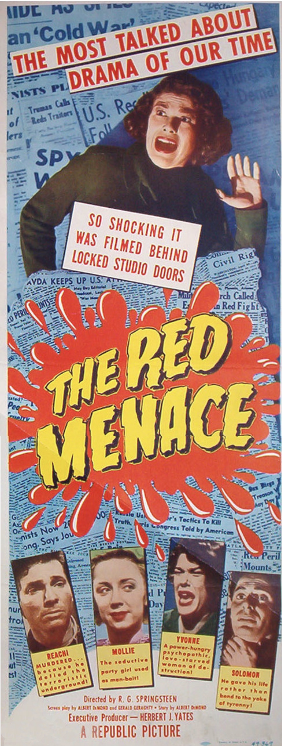 Hollywood producers, cowed by the House Committee on Un-American Activities’ witch-hunts, strove to prove their loyalty. <em>The Red Menace</em> (1949) was but one of a flurry of films that melodramatically “exposed” a gangsterlike network of Communists subverting America. Audiences, however, seemed to prefer science fiction fantasies that portrayed malevolent intergalactic creatures infiltrating American society, such as the 1953 film <em>Invaders from Mars</em>.