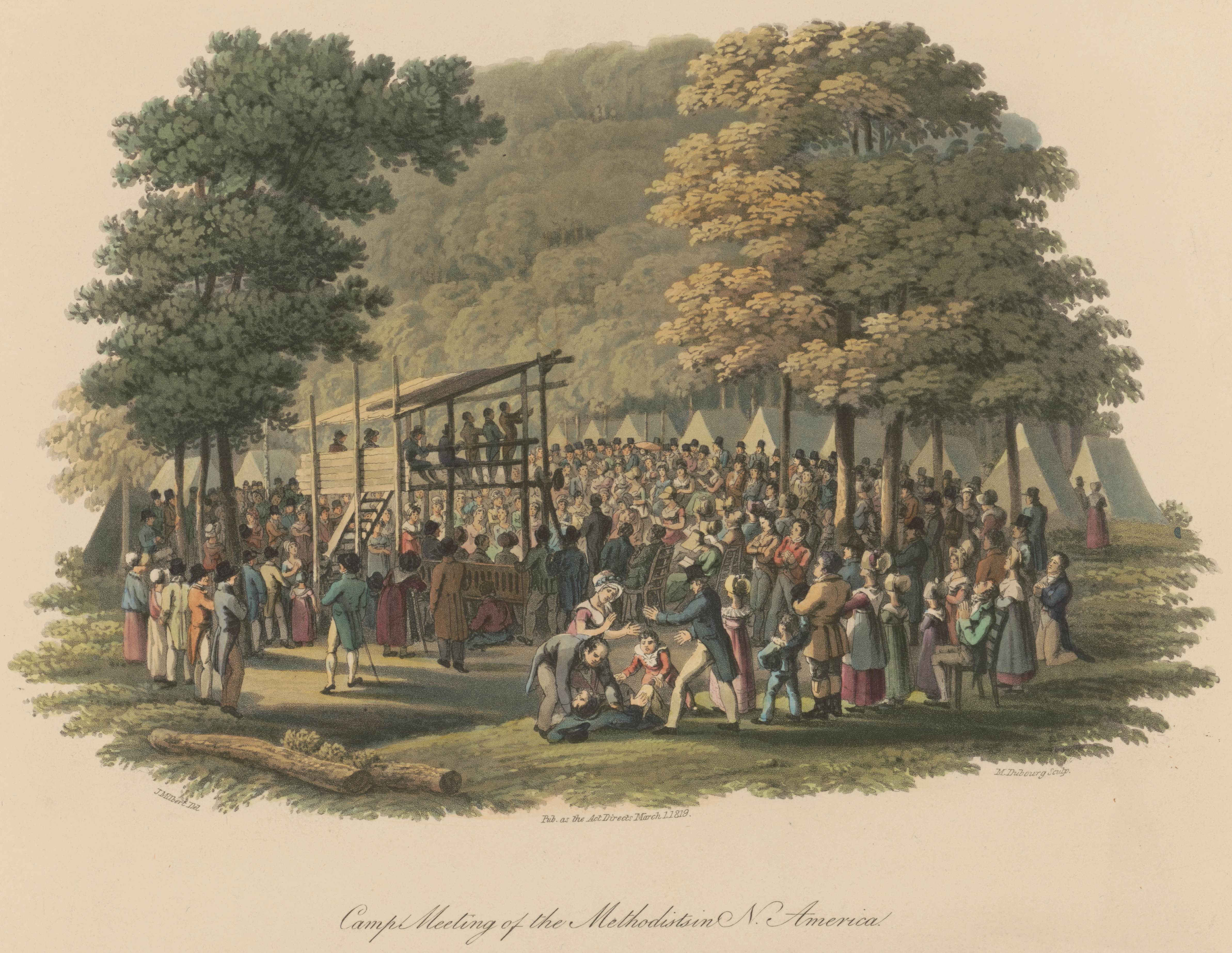 A camp meeting in the woods by Jacques Gérard Milbert. During his eight years based in New York City, the French artist recorded events and scenes in the northeastern United States.