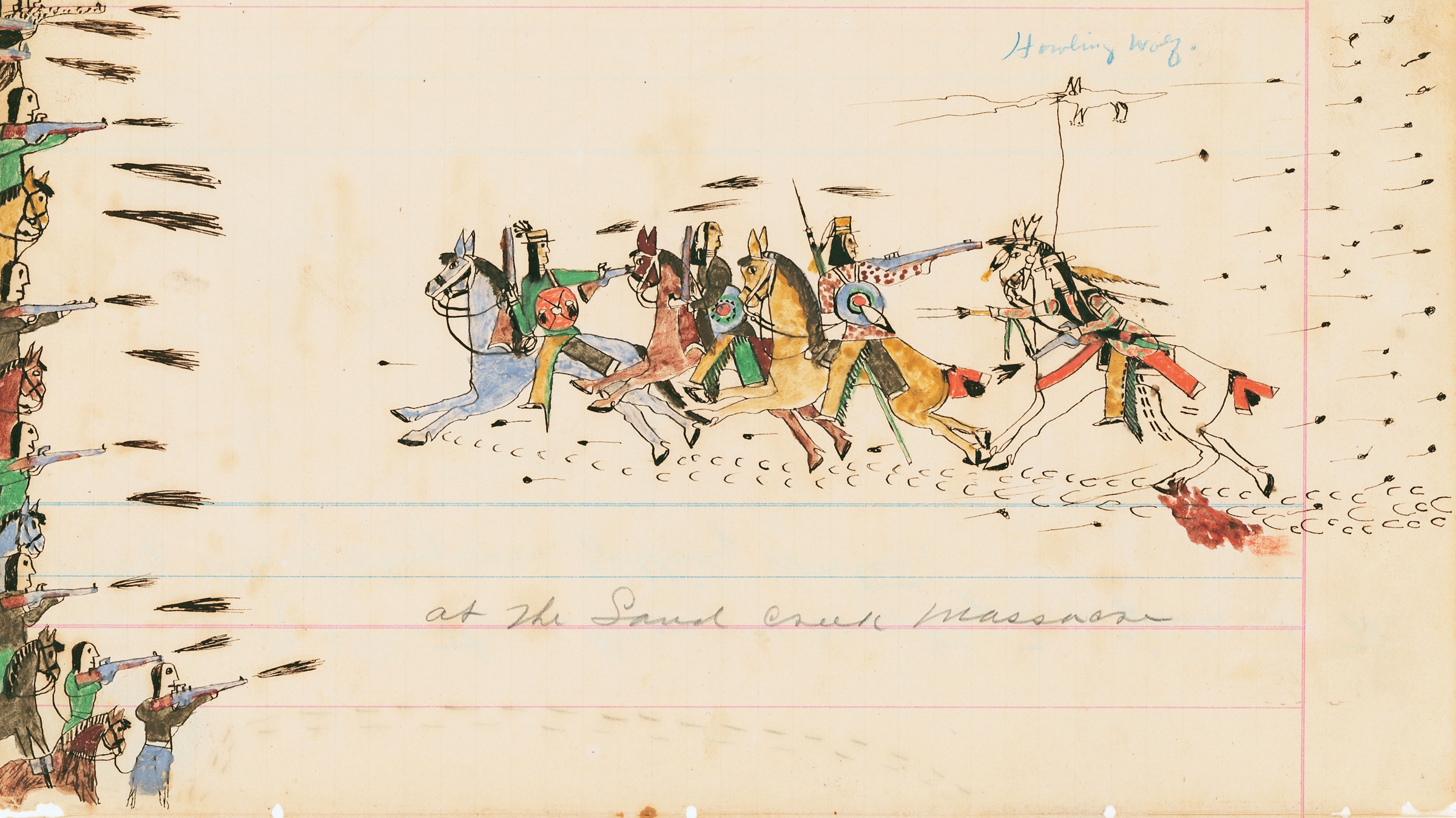 One survivor of Sand Creek was the remarkable Southern Tsitsistas (Southern Cheyenne) warrior and ledger book artist Ho-na-nist-to, (Howling Wolf), who was about fifteen years old when his encampment was attacked by Chivington’s troops. In this dramatic image made some ten years after Sand Creek, a group of Tsitsistas warriors charge their attackers in a hail of bullets. Ho-na-nist-to depicted himself as the last figure on the left, shooting into the ranks of the Colorado volunteer while his comrades turn and fire at an unseen enemy at their rear.

This ledger artwork was probably acquired in the late 19th century by General John Pope while Howling Wolf was imprisoned. Pope's family gifted the work to Oberlin College in 1904.