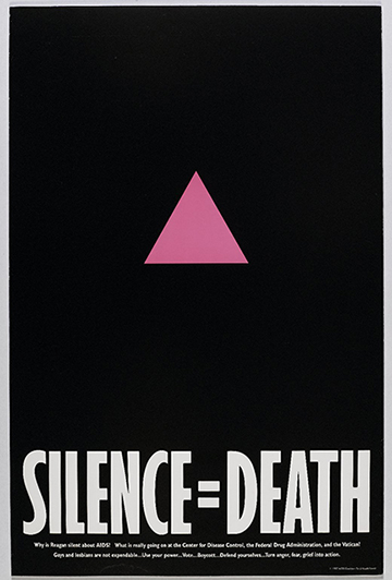 In 1987, a group of gay men formed the SILENCE=DEATH Project. Avram Finkelstein, Brian Howard, Oliver Johnston, Charles Kreloff, Chris Lione, and Jorge Socarras created this poster to call public attention to the AIDS crisis. 