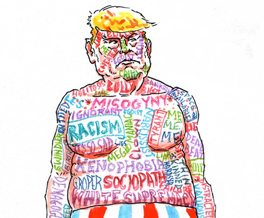 A familiar figure in popular media and the focus of controversy over his personal scandals and questionable business practices, Donald Trump had long been caricatured and commented upon by political cartoonists. While the number of daily newspaper editorial cartoonists had dwindled to a handful by 2016, Trump's candidacy sparked worldwide graphic commentary. Some celebrated his candidacy; many relished depicting him with his numerous stylistic eccentricities—as well as referring to his notoriety, which grew with his lying, bullying, sexism, and thinly-veiled advocacy of white supremacy on the campaign trail. This online cartoon, disseminated two days before the election, presented the Republican candidate as a tattooed man, a convention revealing the "true colors" of a politician that dated at least as far back as the 1884 presidential election. In this case, Trump's uncovered traits were contributed by Internet subscribers.