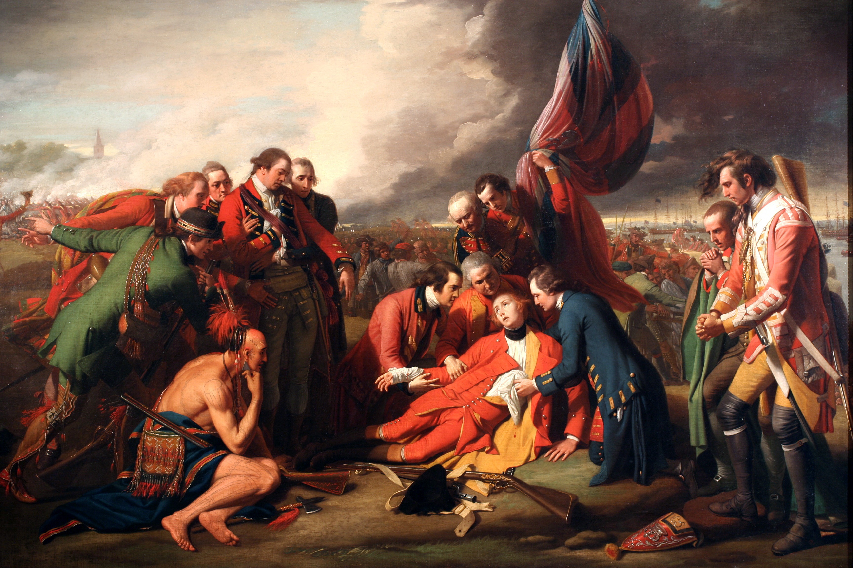 This 1770 painting by the Pennsylvania-born painter Benjamin West shows an incident that occurred during the Battle of Quebec in September 1759. This painting transformed the way in which artists depicted historical events. West, who settled in England and became court painter to King George III, portrayed the death of the commander of the English forces, Major General James Wolfe, at the height of the battle that would end in a French defeat. When the painting was exhibited, it stirred great controversy because its subjects wore contemporary dress instead of the ancient Greek and Roman costumes that were usually deemed appropriate for a history painting. West confronted his critics, declaring, “The same truth that guides the pen of the historian should govern the pencil of the artist . . . if instead of the facts . . . represent classical fictions, how shall I be understood by posterity? I want to mark the date, the place, and the parties engaged in the event.” However, West’s painting included men who were not with Wolfe when he died, including the lone Native figure. No Native peoples fought with British forces in Quebec.