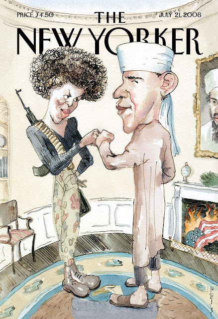 The July 4, 2008, cover of the venerable magazine <em>The New Yorker</em> portrayed Democratic presidential contender Barack Obama and his wife, Michelle Obama, standing in the Oval Office. But the illustration’s prospective first couple were dressed, respectively, as a devout Muslim and armed militant, while a portrait of al-Qaeda leader Osama bin Laden loomed above a fireplace in which an American flag burned. Illustrator Barry Blitt’s provocative image was intended as a satirical comment on false conspiratorial charges swirling on the internet about the candidate’s secret Muslim roots and his wife’s anti-white sentiments. However, that message was missed by many viewers, especially Democrats, who saw the cover as reinforcing the false claims. Because the illustration was not accompanied by any explanation, some critics argued, its meaning was at best confusing.