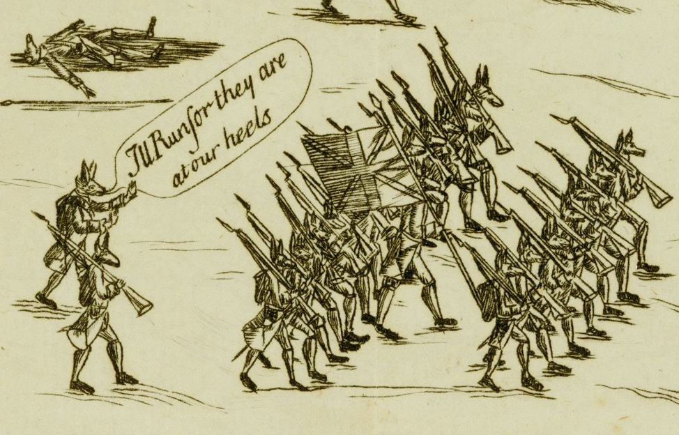 This print, possibly made in America, presents the plundering retreat of British troops on April 19, 1775. The unknown artist chose to portray the King’s soldiers as donkeys and the advancing Massachusetts troops in disciplined ranks (in fact, they fought as guerrillas, harassing the British from the shelter of houses, trees, and rocks).