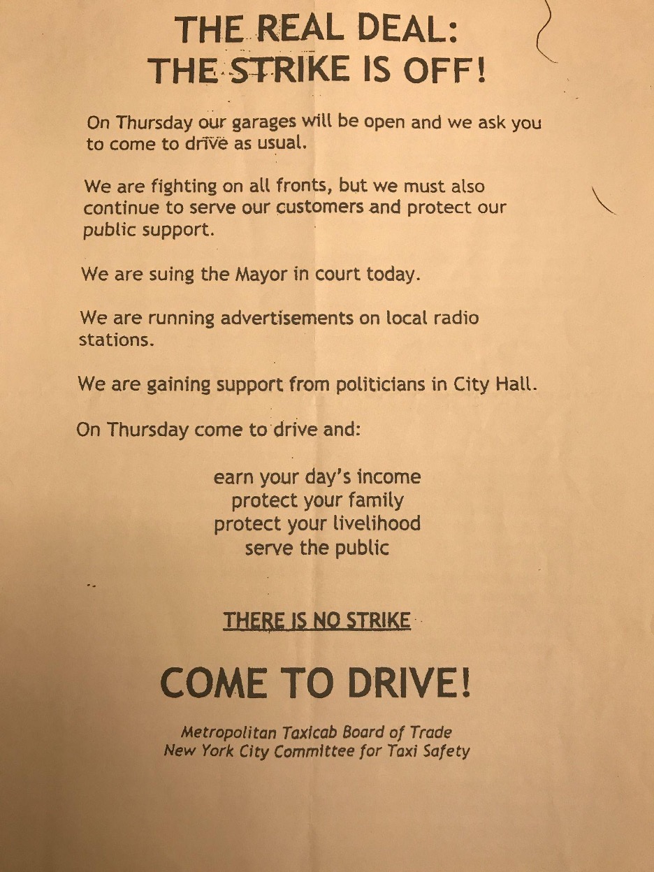 <em>This statement of opposition to a citywide taxi strike on May 13, 1998, was released by the Metropolitan Taxicab Board of Trade (a garage owners’ association) and the New York City Committee for Taxi Safety (a group of licensed taxi agents). It is just one example of memos from opposing organizations such as garage owners and individuals who did not support the taxi strike because the lack of cab service would affect their profits. Such memos spread disinformation and maintained that the strike was no longer happening. These groups insisted that they were taking action against the city and “fighting on all fronts,” but discouraged drivers from striking and suggested that by continuing to work, drivers would serve to protect their livelihoods and help the public. </em>