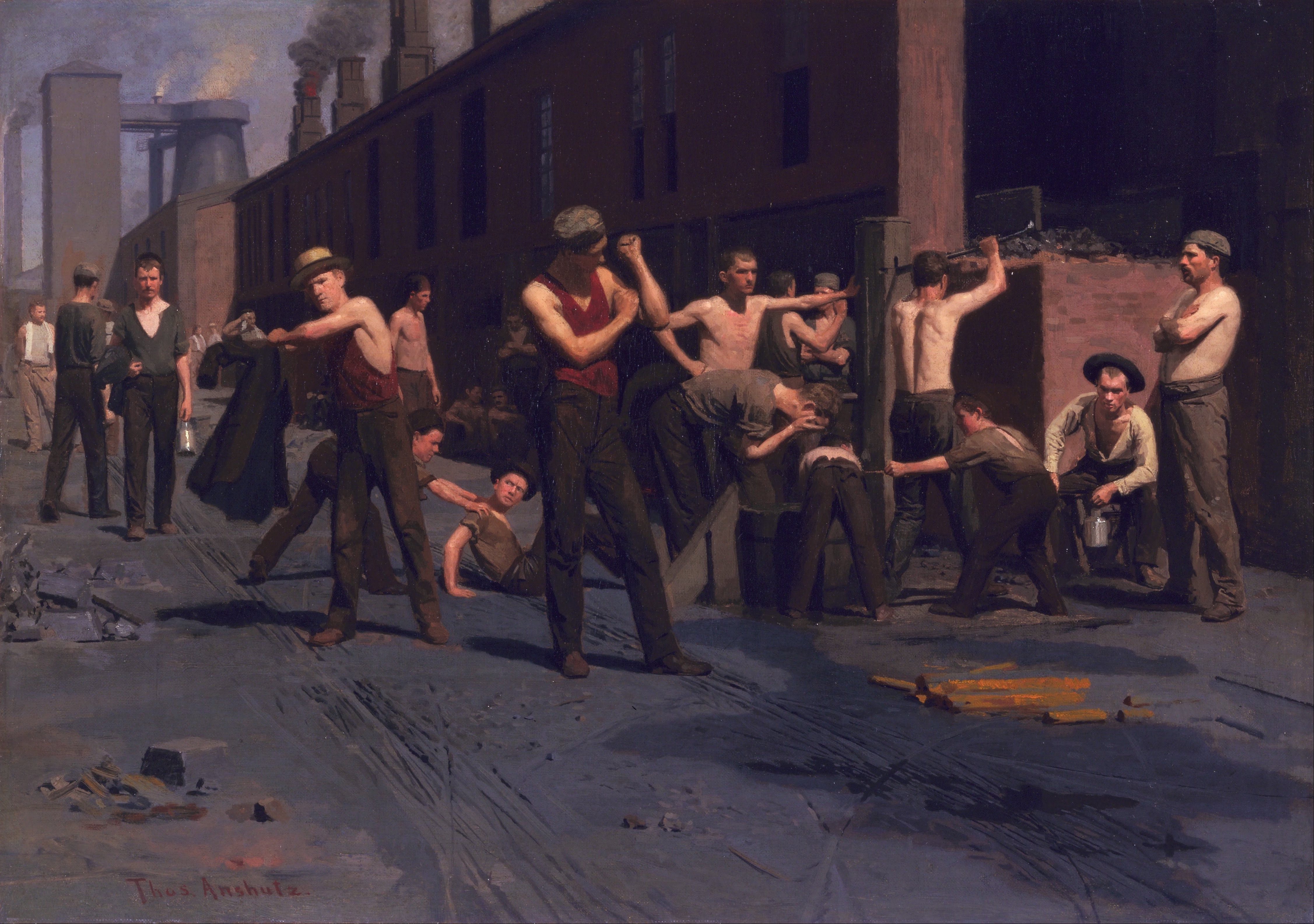 Few painters chose industrial work as a subject in the late nineteenth century, because its conditions seemed inappropriate for a medium that tended to highlight noble and aesthetic themes. Thomas Anshutz’s painting, completed around 1880, is therefore an unusual work, realistically portraying the weariness of skilled ironworkers at a nail factory in Wheeling, West Virginia, while also celebrating the workers’ strength and pride in their craft.