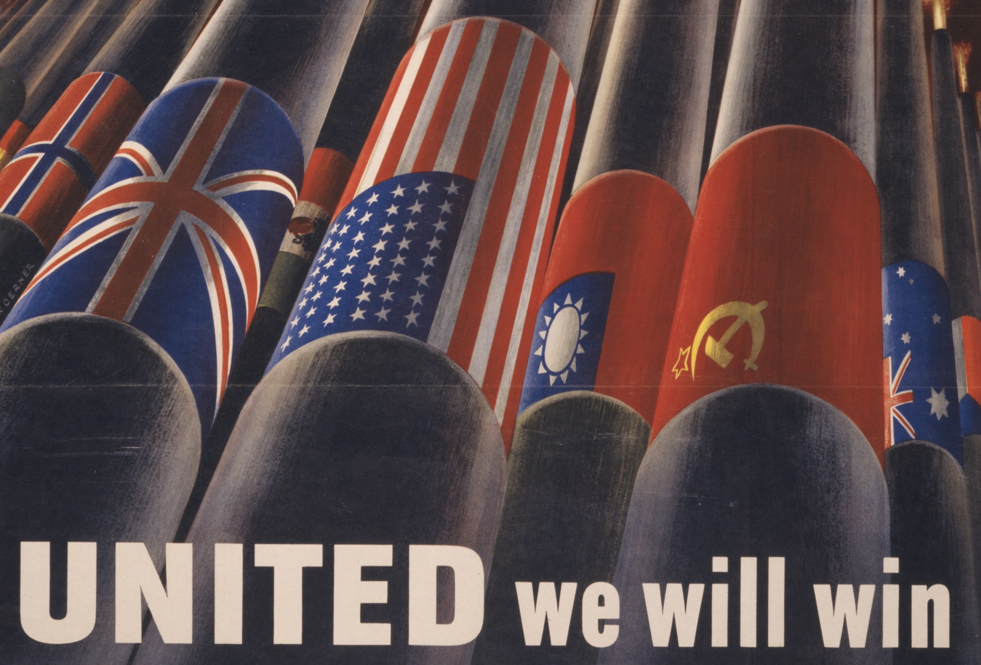 Belching defense industry smokestacks, emblazoned with the flags of the Allied nations, resemble cannon fire in this Office of War Information poster, which urged higher industrial production.