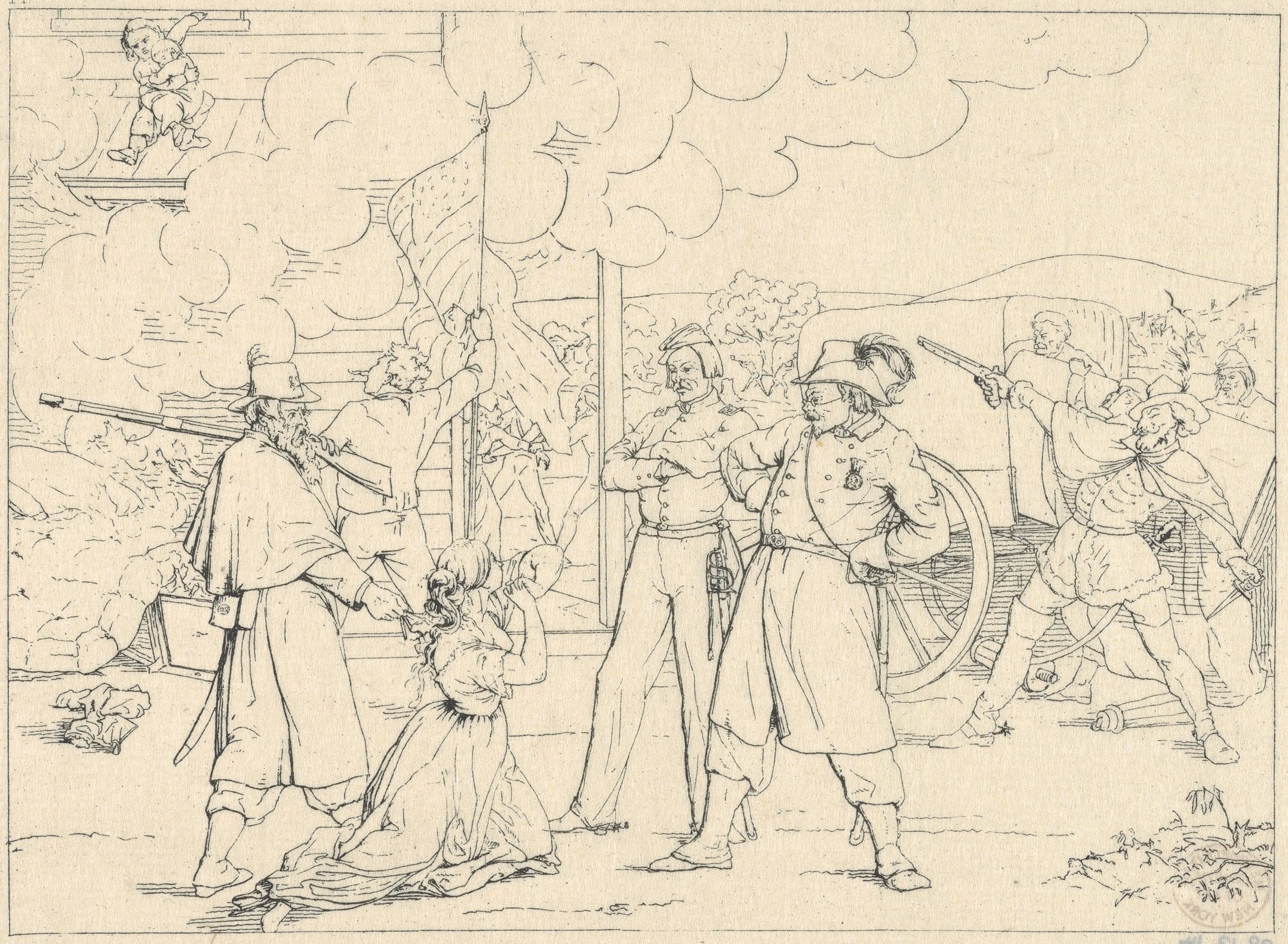 One of a series produced during the Civil War by Adalbert Volck, a pro-Secession German-born dentist in Baltimore, this print excoriated the Union&nbsp;as a corrupt and cruel aggressor. Sarcastically calling northern troops “valiant,” the print showed Volck’s countryman, the popular German immigrant Union general Franz Sigel, supervising the burning of a southern farmhouse.