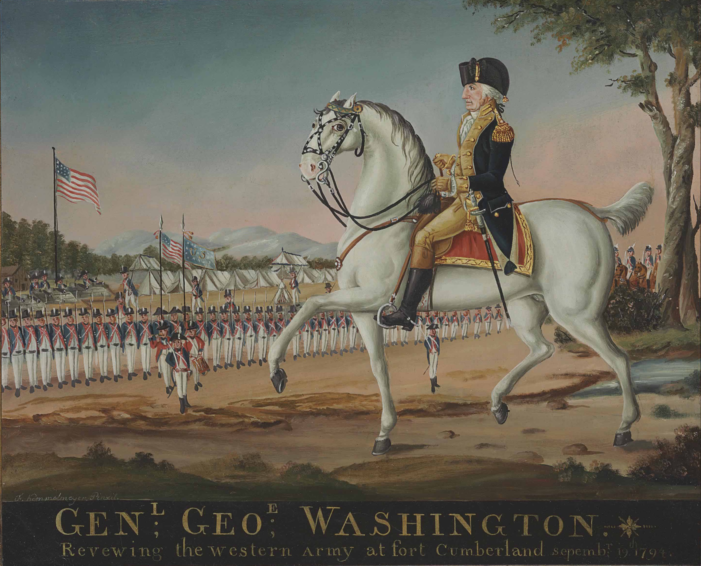 Faced with a primitive transportation system, western Pennsylvania farmers distilled whiskey from grain as the best means to get their produce to eastern markets. In 1794, after a new federal liquor tax disrupted their livelihood, the farmers rebelled. In this painting, President Washington is shown at Fort Cumberland, Maryland, reviewing the vanguard of the 15,000 troops he dispatched to suppress the Whiskey Rebellion.