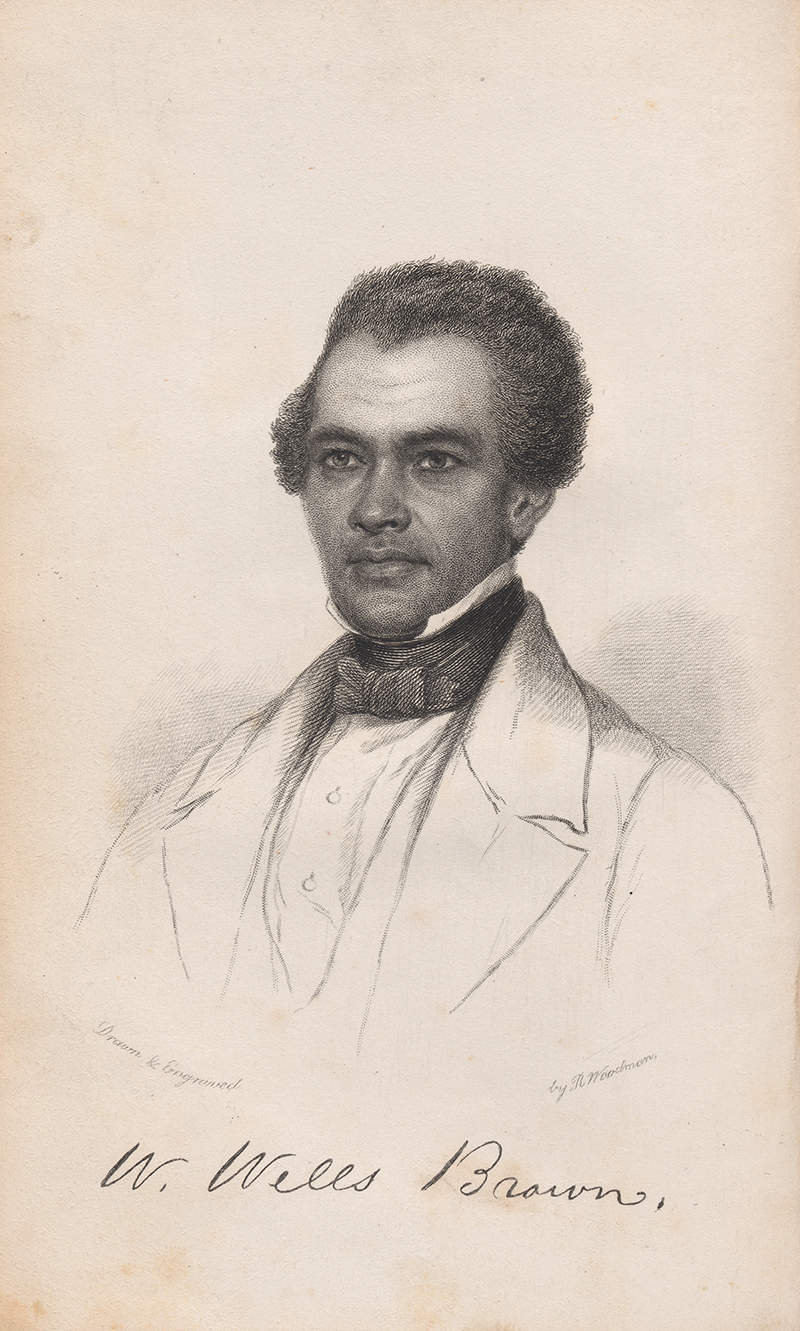 After escaping from bondage in Kentucky in 1834, William Wells Brown joined the abolitionist cause and gained fame as a lecturer and writer. Forced to live abroad with the enactment of the Fugitive Slave Law in 1850, he was able to return to the U.S. in 1854 when his freedom was purchased by supporters, and continued his abolitionist efforts and writing.