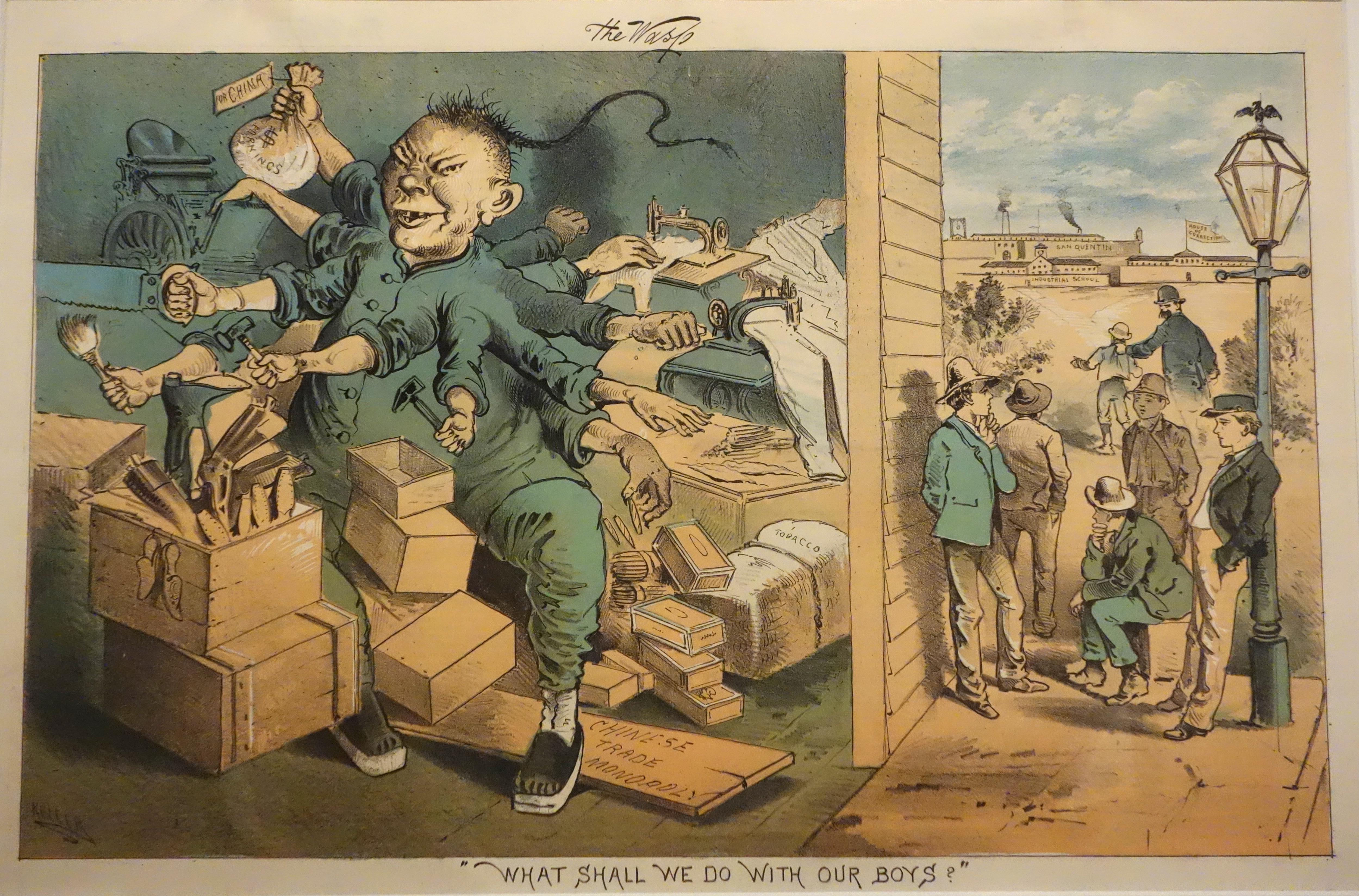 Some of the most virulent anti-Chinese imagery of the 1870s and 1880s was published in <em>The Wasp</em>, a San Francisco illustrated satire magazine. In this cartoon, a grotesque, multilimbed figure representing Chinese immigrant labor is shown depriving white working-class youths of jobs.