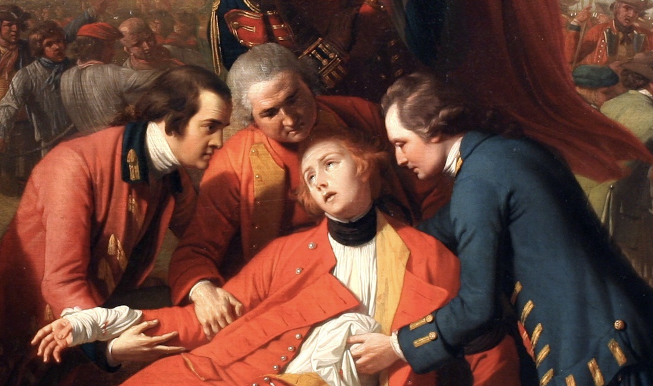 This 1770 painting by the Pennsylvania-born painter Benjamin West shows an incident that occurred during the Battle of Quebec in September 1759. This painting transformed the way in which artists depicted historical events. West, who settled in England and became court painter to King George III, portrayed the death of the commander of the English forces, Major General James Wolfe, at the height of the battle that would end in a French defeat. When the painting was exhibited, it stirred great controversy because its subjects wore contemporary dress instead of the ancient Greek and Roman costumes that were usually deemed appropriate for a history painting. West confronted his critics, declaring, “The same truth that guides the pen of the historian should govern the pencil of the artist . . . if instead of the facts . . . represent classical fictions, how shall I be understood by posterity? I want to mark the date, the place, and the parties engaged in the event.” However, West’s painting included men who were not with Wolfe when he died, including the lone Native figure. No Native peoples fought with British forces in Quebec.