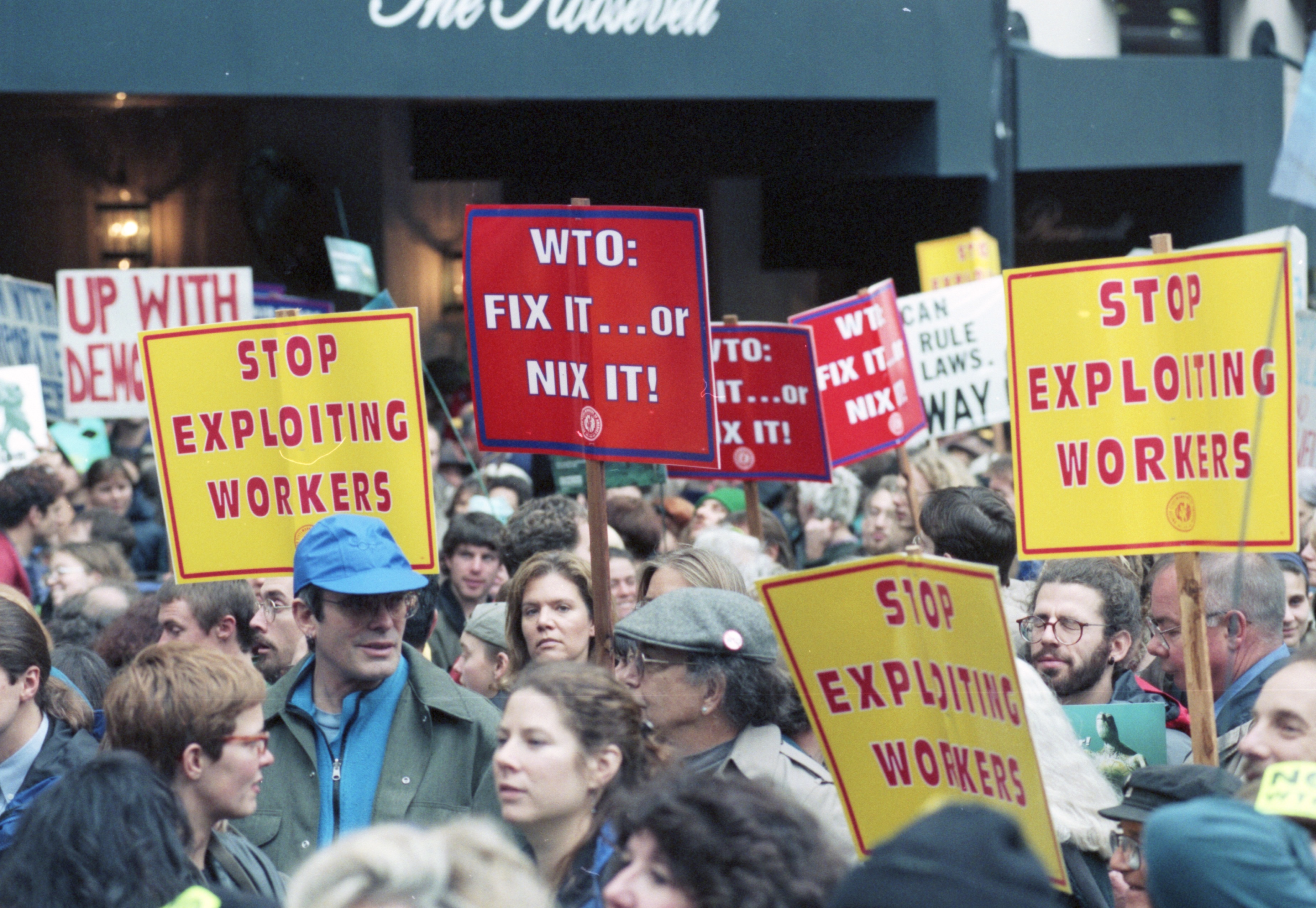 When a march of trade unionists protesting against the World Trade Organization (WTO) arrived in downtown Seattle, many labor activists joined youth and environmental protesters who were already blocking access to the WTO meeting. Visible among the banners and placards carried by demonstrators were those of the International Longshore and Warehouse Union, which shut down all Pacific coast ports for a day.